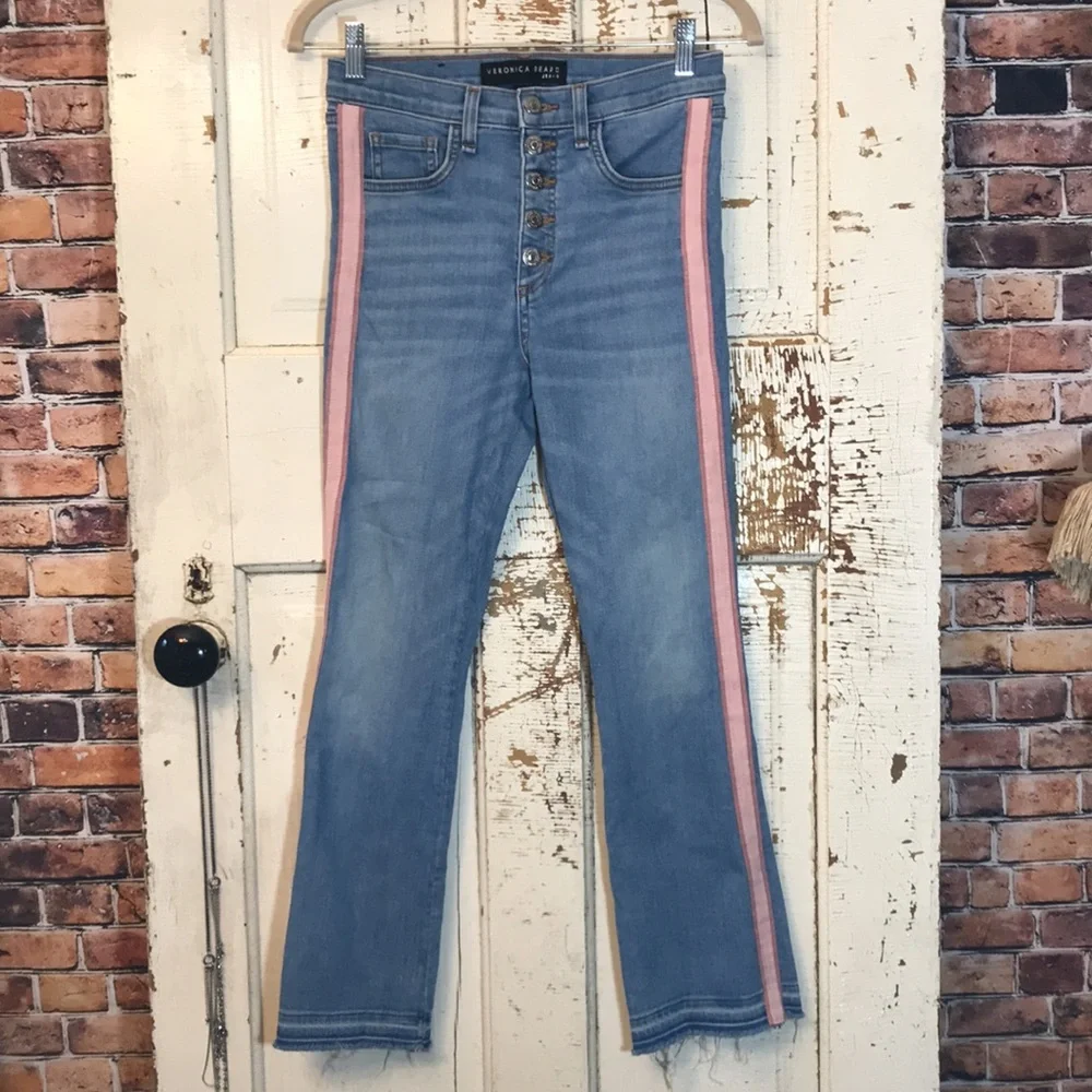 💙 Veronica Beard Carolyn 10” Baby Boot Pink Stripe Jeans - Picture 8 of 14